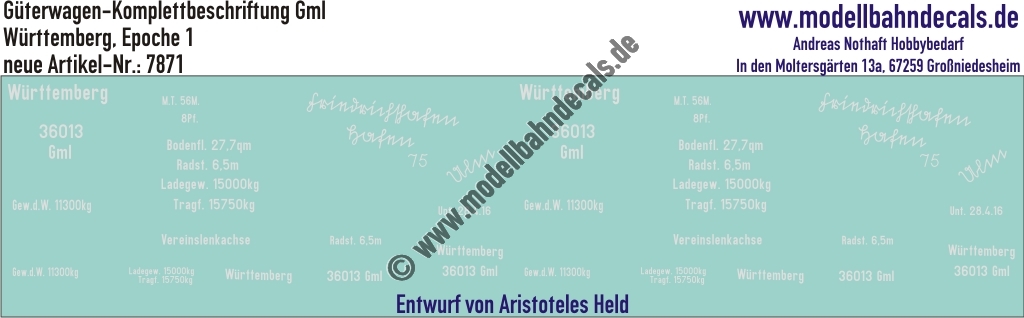 "Nass-Schiebebilder: Güterwagen-Komplettbeschriftung Gml, Württemberg, Epoche 1. Artikel-Nummer: 7871"