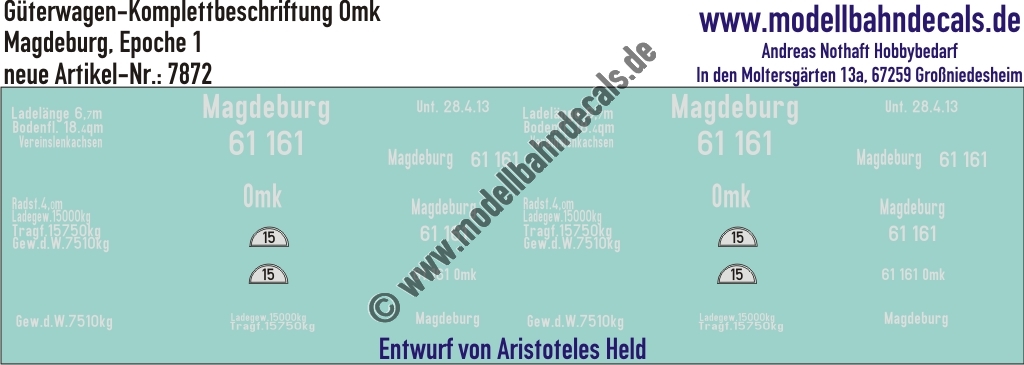 "Nass-Schiebebilder: Güterwagen-Komplettbeschriftung Omk, Magdeburg, Epoche 1. Artikel-Nummer: 7872"