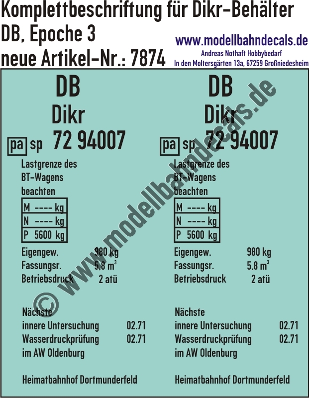 "Nass-Schiebebilder: Komplettbeschriftung für pa-Behälter Dikr, DB, Epoche 3. Artikel-Nummer: 7874"