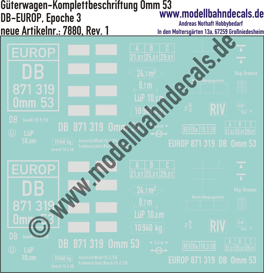 "Nass-Schiebebilder: Güterwagen-Komplettbeschriftung Omm 53, DB-EUROP, Epoche 3. Artikel-Nummer: 7880"