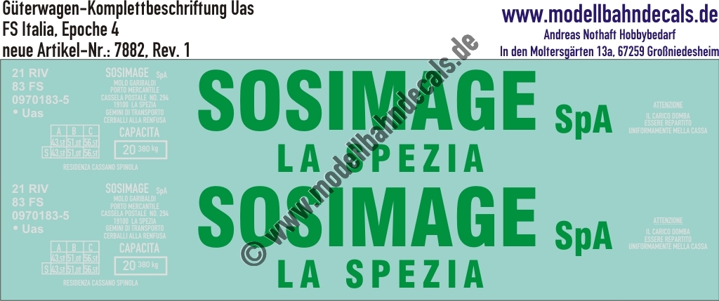 "Nass-Schiebebilder: Güterwagen-Komplettbeschriftung Uas (Sosimage Srl), FS-Italia, Epoche 4. Artikel-Nummer: 7882"