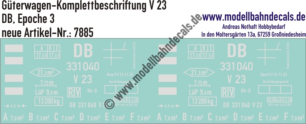 "Nass-Schiebebilder: Güterwagen-Komplettbeschriftung V 23, DB, Epoche 3. Artikel-Nummer: 7885"