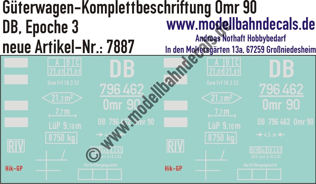 "Nass-Schiebebilder: Güterwagen-Komplettbeschriftung Omr 90, DB, Epoche 3. Artikel-Nummer: 7887"
