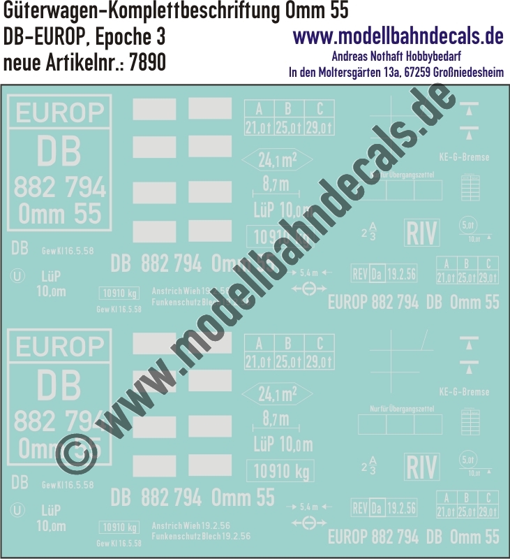 "Nass-Schiebebilder: Güterwagen-Komplettbeschriftung Omm 55, DB-EUROP, Epoche 3. Artikel-Nummer: 7890"
