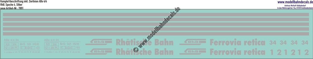 "Nass-Schiebebilder: Komplettbeschriftung ABe 4/4 der RhB (Rhätische Bahn), Silber, Epoche 4. Artikel-Nummer: 7891"