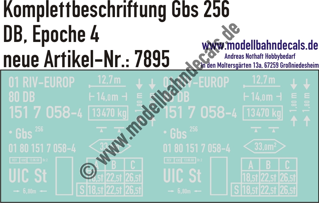 "Nass-Schiebebilder: Güterwagen-Komplettbeschriftung Gbs 256, DB, Epoche 4. Artikel-Nummer: 7895"