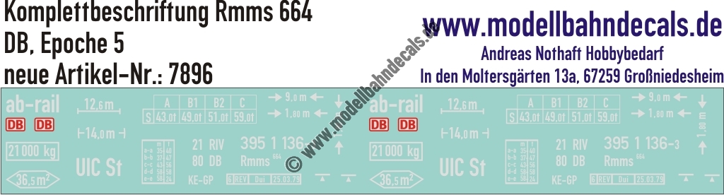 "Nass-Schiebebilder: Güterwagen-Komplettbeschriftung Rmms 664, DB, Epoche 5. Artikel-Nummer: 7896"
