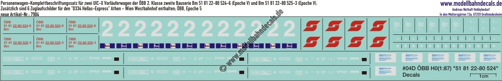Nass-Schiebebilder: Komplettbeschriftungssatz für zwei UIC-X Vorläuferwagen der ÖBB 2. Klasse zweite Bauserie. Artikel-Nummer: 7904