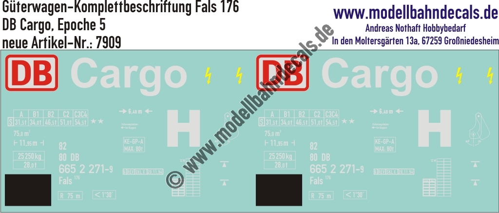 "Nass-Schiebebilder: Güterwagen-Komplettbeschriftung Fals 176, DB Cargo, Epoche 5. Artikel-Nummer: 7909"
