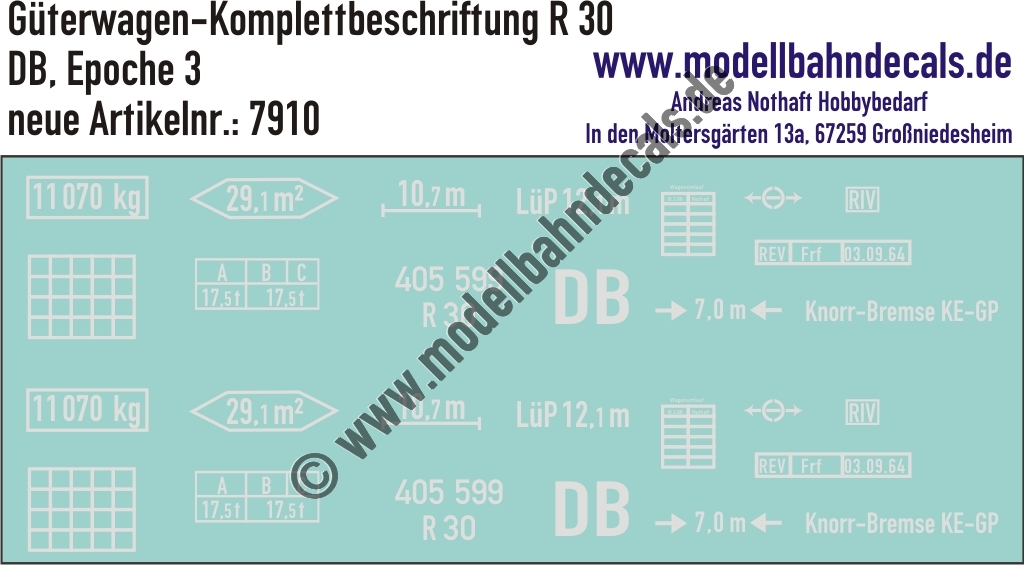"Nass-Schiebebilder: Güterwagen-Komplettbeschriftung R 30, DB, Epoche 3. Artikel-Nummer: 7910"