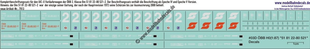 Nass-Schiebebilder: Komplettbeschriftungssatz für den UIC-X Vorläuferwagen der ÖBB 2. Klasse Bm 51 81 22-80 521-2. Artikel-Nummer: 7913