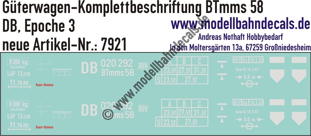 "Nass-Schiebebilder: Güterwagen-Komplettbeschriftung BTmms 58, DB, Epoche 3. Artikel-Nummer: 7921"