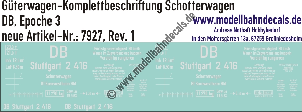 "Nass-Schiebebilder: Güterwagen-Komplettbeschriftung Schotterwagen Stuttgart, DB, Epoche 3. Artikel-Nummer: 7927"