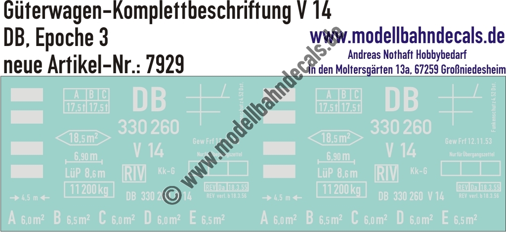 "Nass-Schiebebilder: Güterwagen-Komplettbeschriftung V 14, DB, Epoche 3. Artikel-Nummer: 7929"