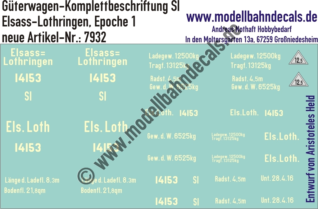 "Nass-Schiebebilder: Güterwagen-Komplettbeschriftung Sl, Elsass-Lothingen, Epoche 1. Artikel-Nummer: 7932"