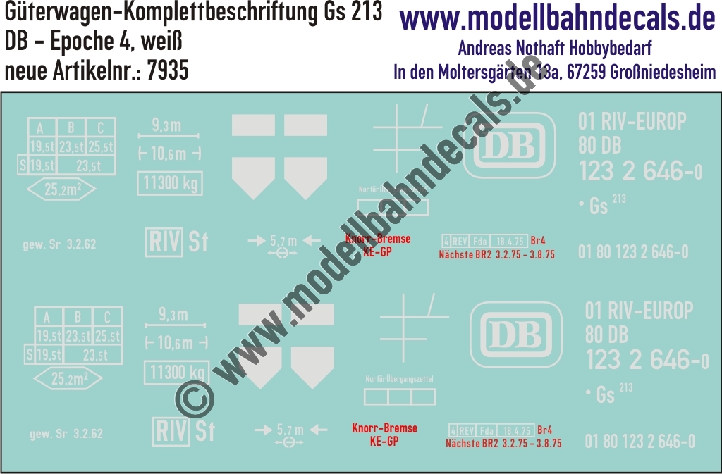 Nass-Schiebebilder: Güterwagen-Komplettbeschriftung Gs 213 - DB - Epoche 4. Artikel-Nummer: 7935