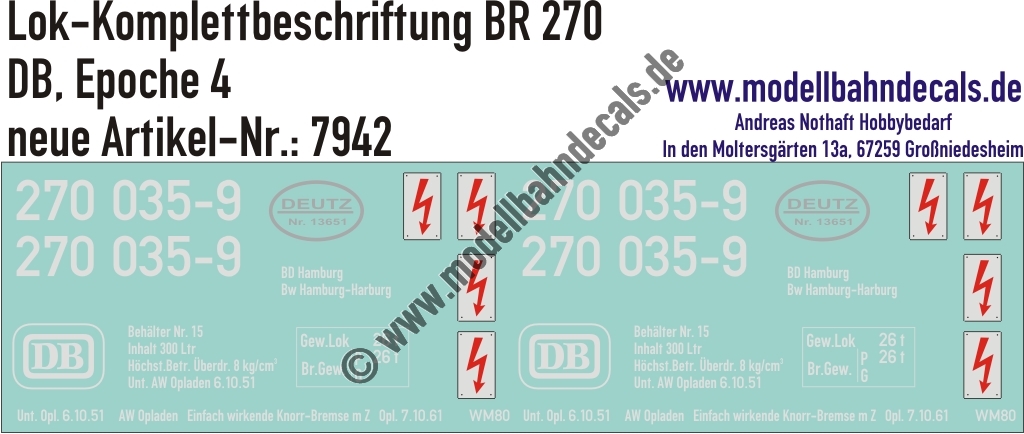"Nass-Schiebebilder: Lok-Komplettbeschriftung BR 270, DB, Epoche 4. Artikel-Nummer: 7942"
