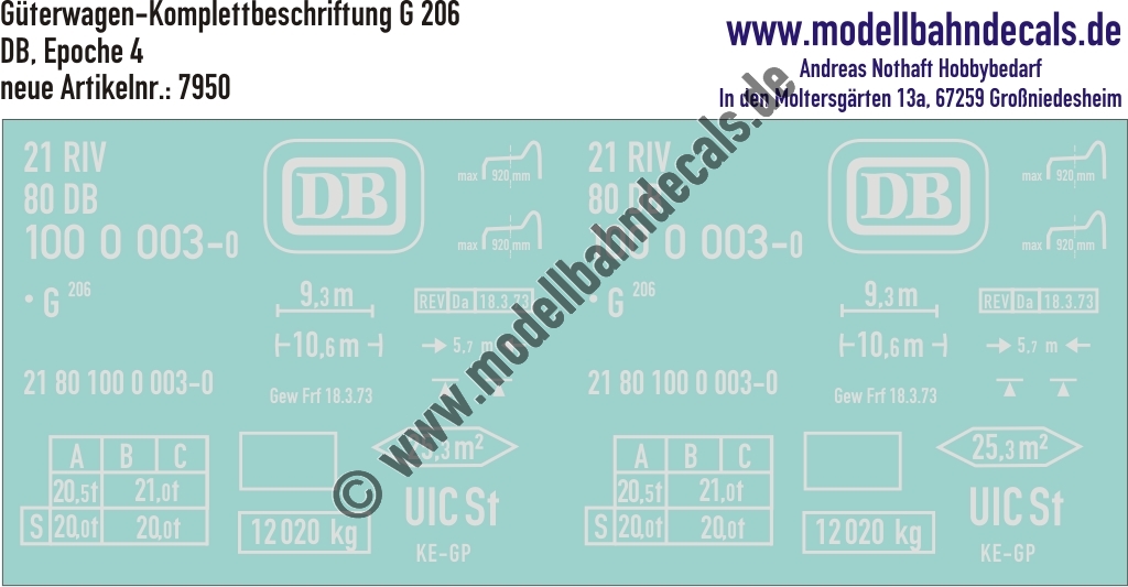 "Nass-Schiebebilder: Güterwagen-Komplettbeschriftung G 206, DB, Epoche 4. Artikel-Nummer: 7950"