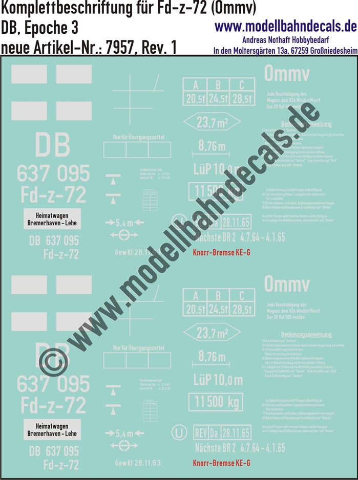 "Nass-Schiebebilder: Güterwagen-Komplettbeschriftung Fd-z-72 (Ommv), DB, Epoche 4. Artikel-Nummer: 7957"