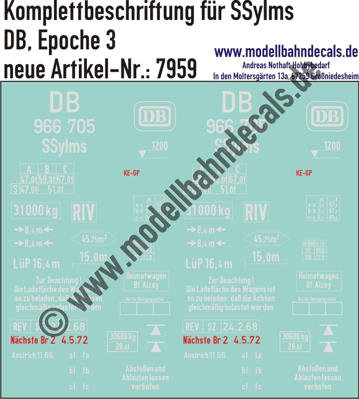 "Nass-Schiebebilder: Güterwagen-Komplettbeschriftung SSylms, DB, Epoche 3. Artikel-Nummer: 7959"