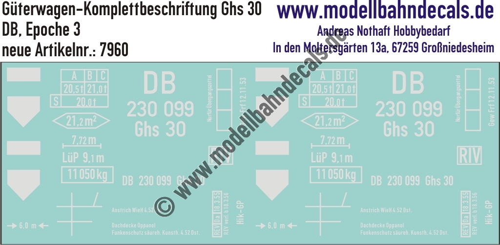 "Nass-Schiebebilder: Güterwagen-Komplettbeschriftung Ghs 30, DB, Epoche 3. Artikel-Nummer: 7960"