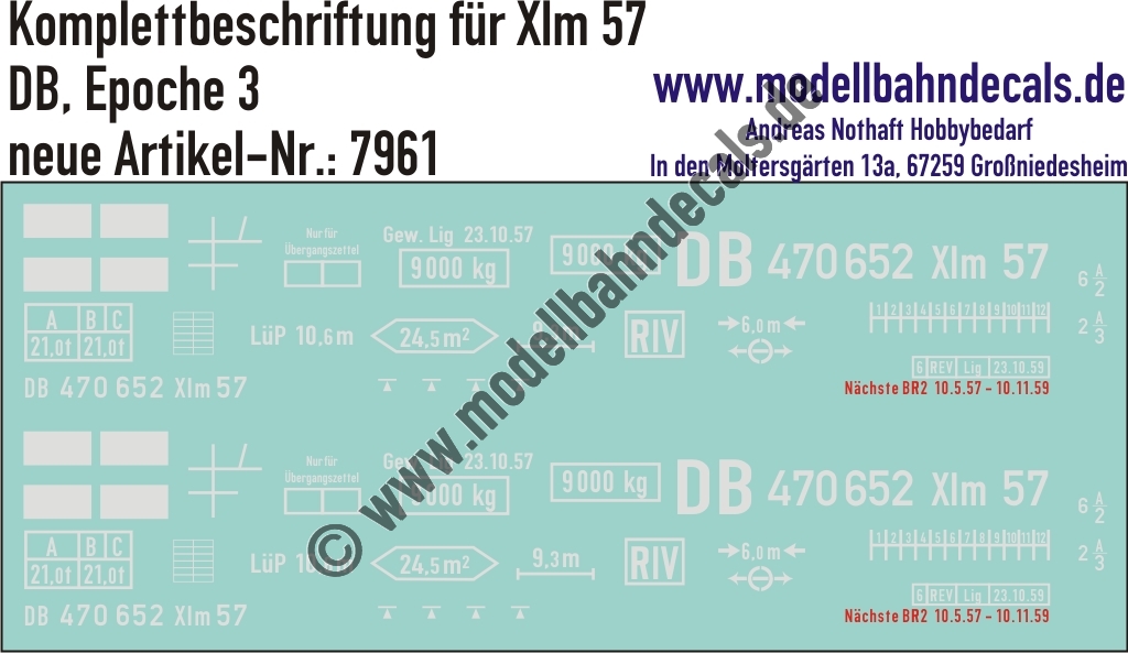 "Nass-Schiebebilder: Güterwagen-Komplettbeschriftung Xlm 57, DB, Epoche 3. Artikel-Nummer: 7961"
