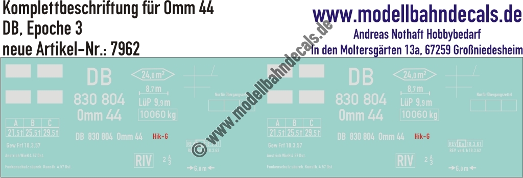 "Nass-Schiebebilder: Güterwagen-Komplettbeschriftung Omm 44, DB, Epoche 3. Artikel-Nummer: 7962"