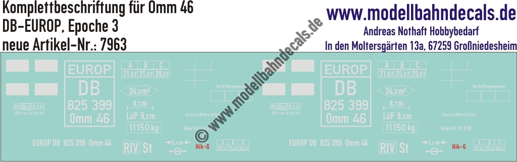 "Nass-Schiebebilder: Güterwagen-Komplettbeschriftung Omm 46, DB-EUROP, Epoche 3. Artikel-Nummer: 7963"