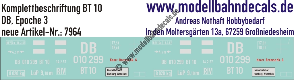 "Nass-Schiebebilder: Güterwagen-Komplettbeschriftung BT 10, DB, Epoche 3. Artikel-Nummer: 7964"