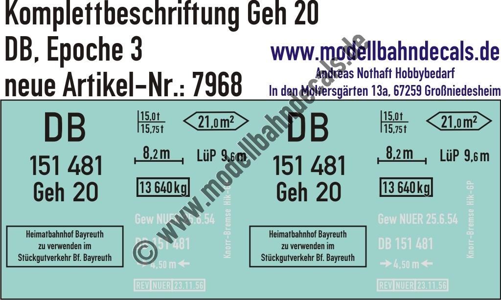 "Nass-Schiebebilder: Güterwagen-Komplettbeschriftung Geh 20, DB, Epoche 3. Artikel-Nummer: 7968"