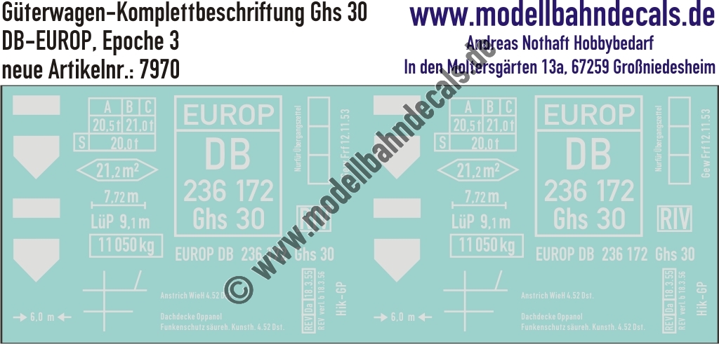 "Nass-Schiebebilder: Güterwagen-Komplettbeschriftung Ghs 30, DB-EUROP, Epoche 3. Artikel-Nummer: 7970"