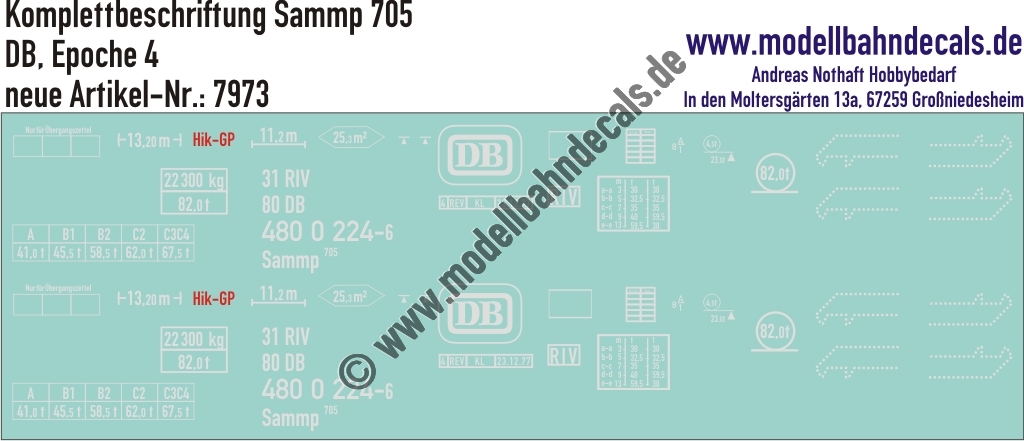 "Nass-Schiebebilder: Güterwagen-Komplettbeschriftung Sammp 705, DB, Epoche 4. Artikel-Nummer: 7973"
