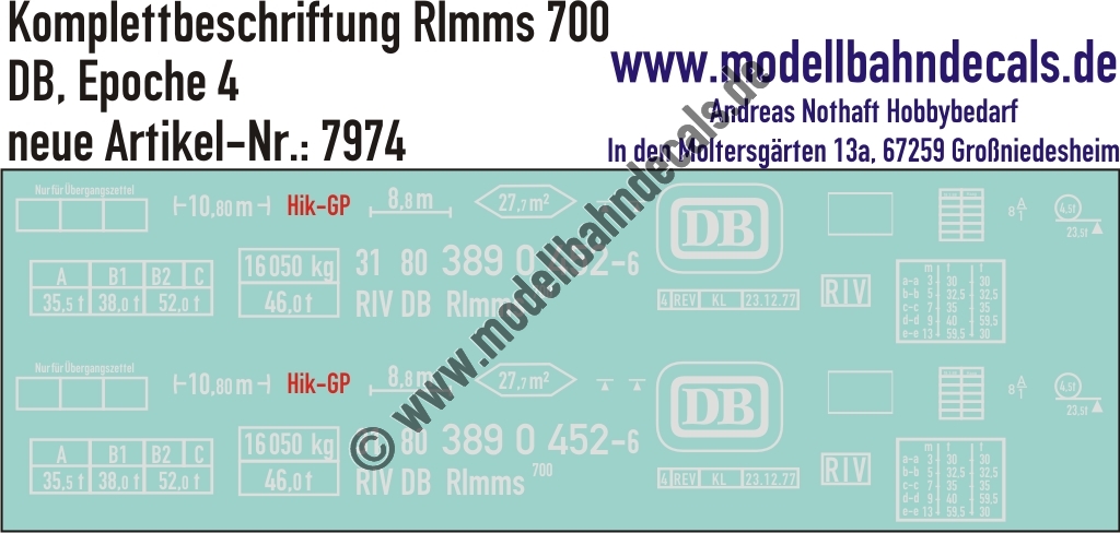 "Nass-Schiebebilder: Güterwagen-Komplettbeschriftung Rlmms 70, DB, Epoche 4. Artikel-Nummer: 7974"