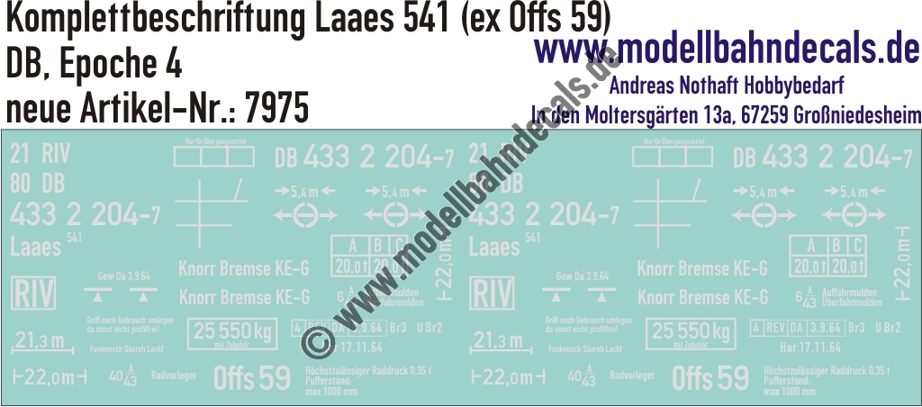 "Nass-Schiebebilder: Güterwagen-Komplettbeschriftung Laaes 541 (ex Offs 59), DB, Epoche 4. Artikel-Nummer: 7975"