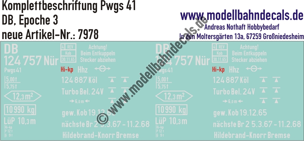 "Nass-Schiebebilder: Güterzugbegleitwagen-Komplettbeschriftung Pwgs 41, DB, Epoche 3. Artikel-Nummer: 7978"