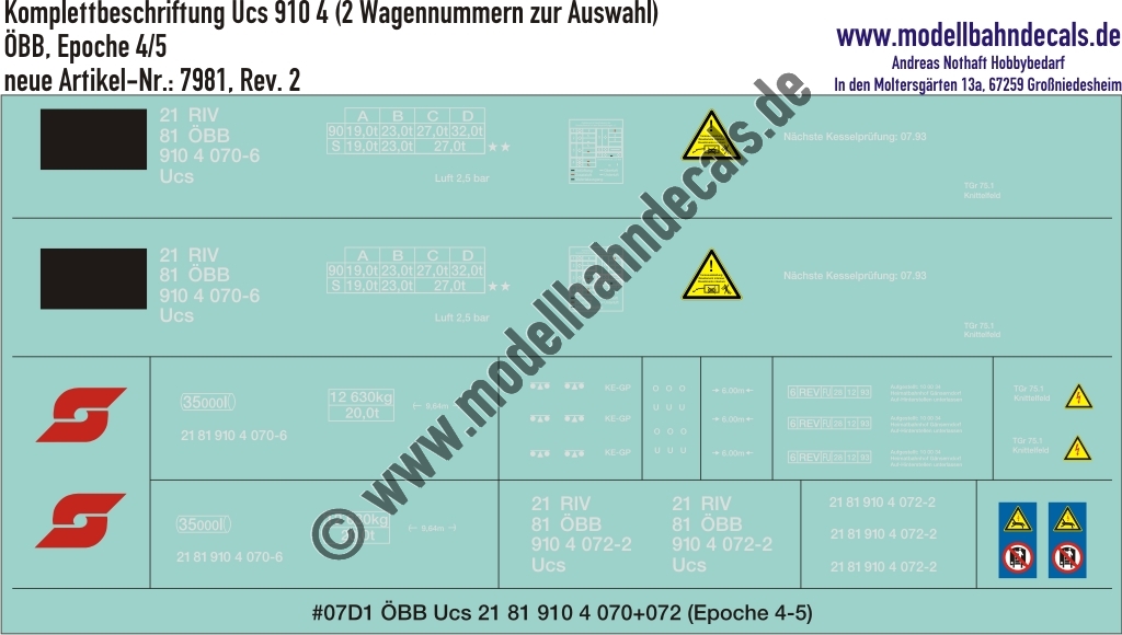 Nass-Schiebebilder: Güterwagen-Komplettbeschriftung Ucs 910 4, ÖBB, Epoche 4/5 (2 Wagennummern zur Auswahl). Artikel-Nummer: 7981