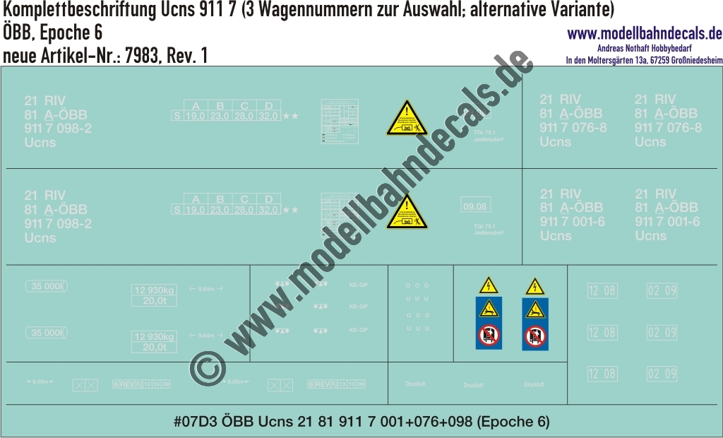 Nass-Schiebebilder: Güterwagen-Komplettbeschriftung Ucns 911 7, ÖBB, Epoche 4/5 (3 Wagennummern zur Auswahl). Artikel-Nummer: 7983
