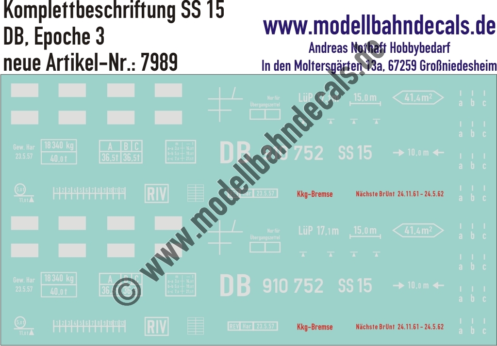 "Nass-Schiebebilder: Güterwagen-Komplettbeschriftung SS 15 , DB, Epoche 3. Artikel-Nummer: 7989"
