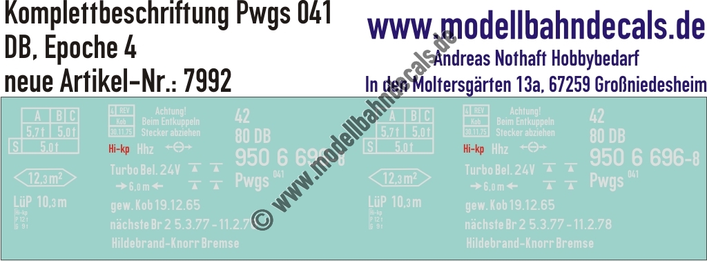 "Nass-Schiebebilder: Güterzugbegleitwagen-Komplettbeschriftung Pwgs 041, DB, Epoche 4. Artikel-Nummer: 7992"