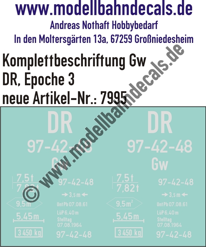 "Nass-Schiebebilder: Güterwagen-Komplettbeschriftung Gw, DR, Epoche 3. Artikel-Nummer: 7995"