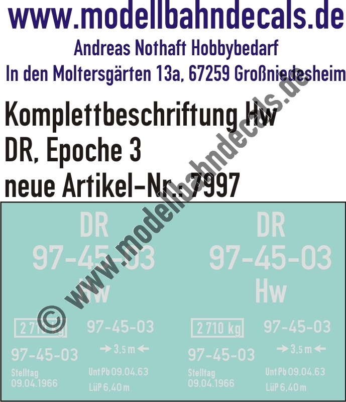 "Nass-Schiebebilder: Güterwagen-Komplettbeschriftung Hw, DR, Epoche 3. Artikel-Nummer: 7997"
