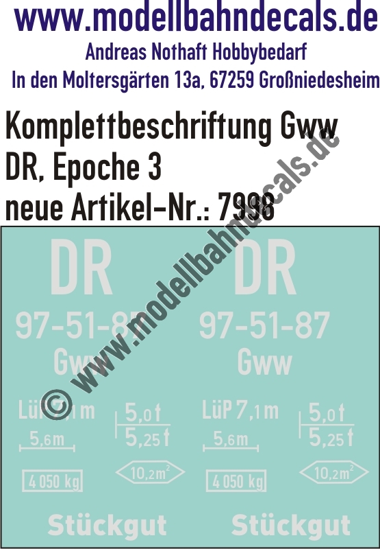 "Nass-Schiebebilder: Güterwagen-Komplettbeschriftung Gww, DR, Epoche 3. Artikel-Nummer: 7998"