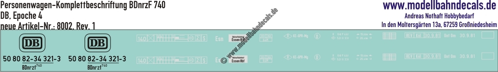 Nass-Schiebebilder: Personenwagen-Komplettbeschriftung BDnrzf 740 (Silberling) DB Epoche 4. Artikel-Nummer: 8002