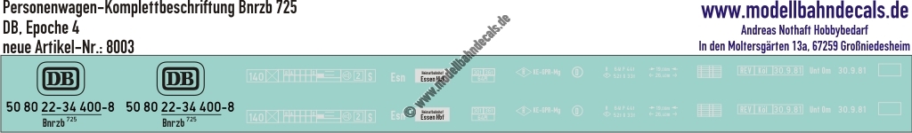 Nass-Schiebebilder: Personenwagen-Komplettbeschriftung Bnrzb 725 (Silberling) DB Epoche 4. Artikel-Nummer: 8003