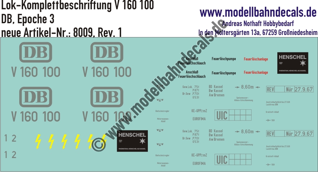 "Nass-Schiebebilder: Lok Komplettbeschriftung V 160 100, DB, Epoche 3. Artikel-Nummer: 8009"
