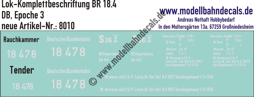 "Nass-Schiebebilder: Lok Komplettbeschriftung BR 18.4, DB, Epoche 3. Artikel-Nummer: 8010"