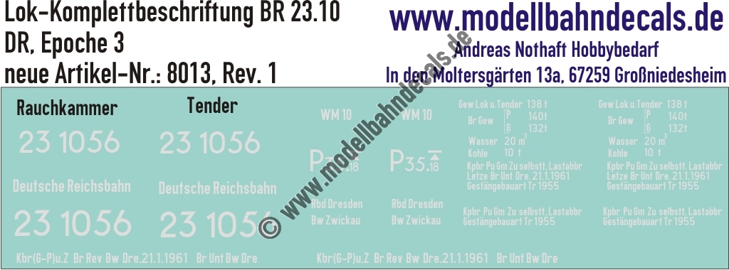 "Nass-Schiebebilder: Lok Komplettbeschriftung BR 23.10, DR, Epoche 3. Artikel-Nummer: 8013"