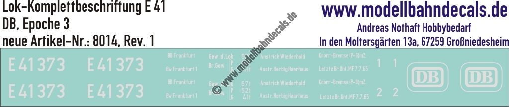 "Nass-Schiebebilder: Lok Komplettbeschriftung E 41, DB, Epoche 3. Artikel-Nummer: 8014"