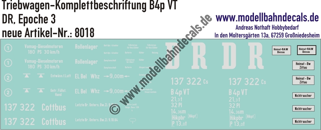 "Nass-Schiebebilder: Triebwagen Komplettbeschriftung B4p VT, DR, Epoche 3. Artikel-Nummer: 8018"