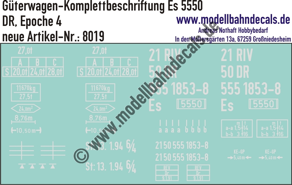 "Nass-Schiebebilder: Güterwagen-Komplettbeschriftung Es 5550, DR, Epoche 4. Artikel-Nummer: 8019"